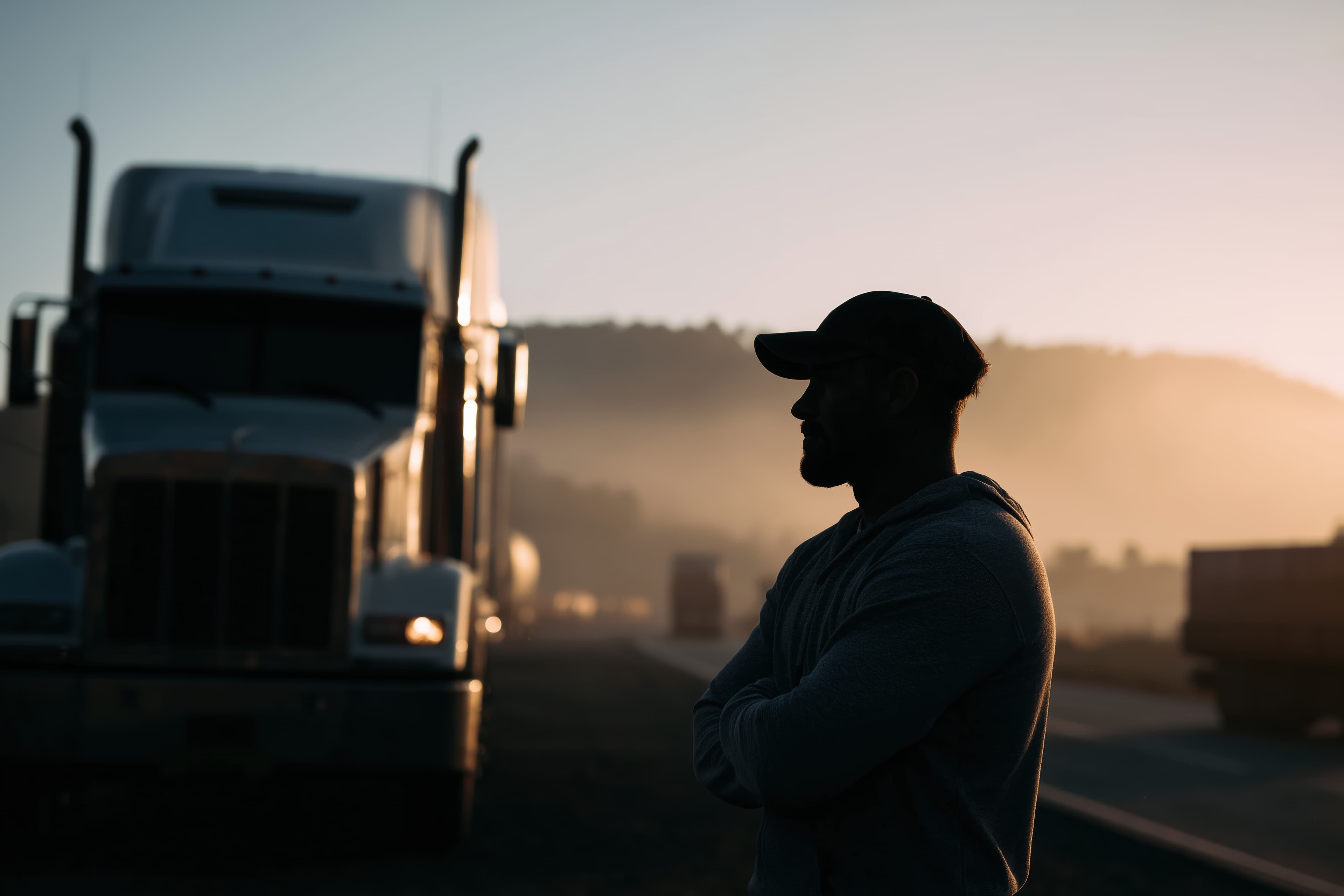 Driver at sunrise beside a semi truck